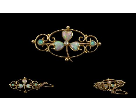Antique Period Ladies 15ct Gold Opal and Diamond Set Brooch with Safety Chain, Marked 15ct - 625, The Opals of Pleasing Desig