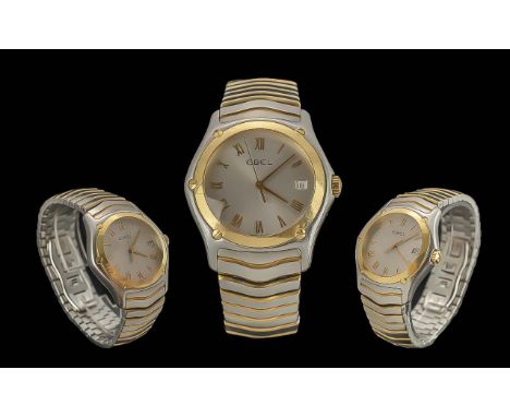 Ebel - Gents Heavy 18ct Gold and Stainless Steel Quartz Wrist Watch. Features 18ct Gold Bezel, Gold Markers, Just/Date Displa