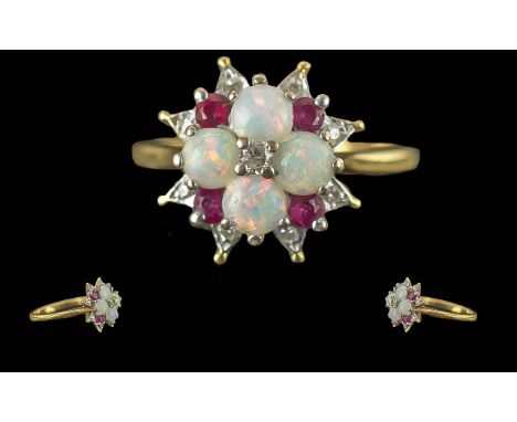 Ladies 18ct Gold Pleasing Quality Opal / Diamond / Ruby Set Cluster Ring, marked 18ct to interior of shank, the centre diamon