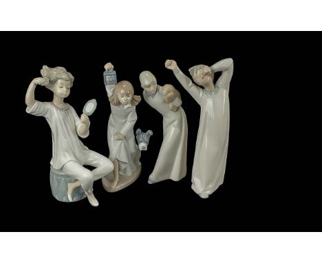 Four Figurines, comprising a Lladro sleepy boy, a Lladro girl brushing her hair, a Nao girl with a lantern and dog, and a Spa