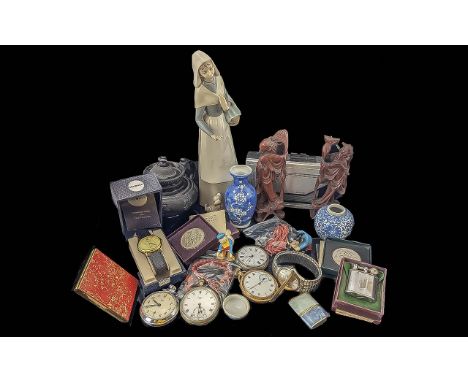 Box of Collectables, Silver Pocket Watch, Chinese Vase, Watches etc. Box of Collectables Includes Lladro, Disney, Walkman, Si