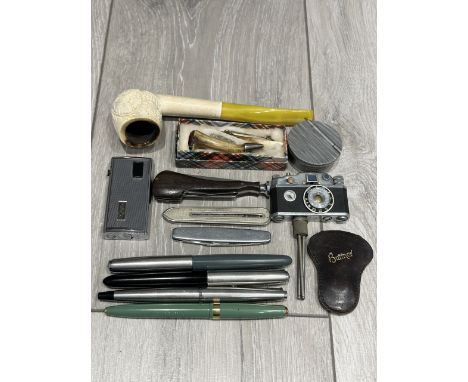 Mixed Bag of Collectables. Includes Pipe, Lighters, Brooches, Pens etc. Interesting lot.