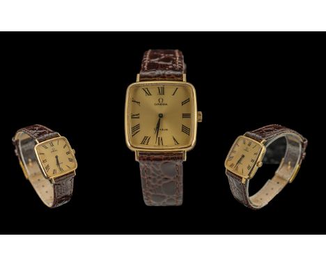Omega Geneve Gold on Steel Manual Wind Wrist Watch of Square Form. c.1970's. Features Champagne Dial, Roman Numerals, Mechani