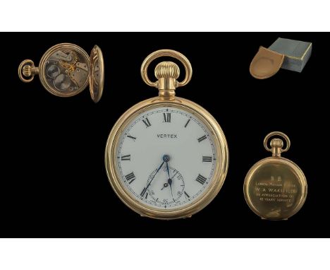 Vertex - Swiss Revue Gold Plated Keyless 15 Jewels Open Faced Pocket Watch. c.1958. Dennison Watch Case Guaranteed to Wear 10