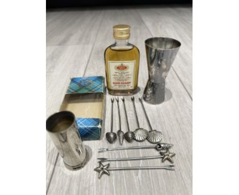 Drinkers Interest. Includes Silver Plate Shot Glasses, Urquhart Glen Grant Finest Highland Malt Whiskey, Distilled In 1948 - 