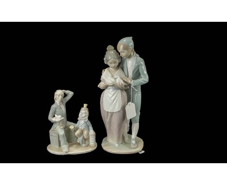 A Nao Figure of a Young Couple with a Dove. measures 13'' high.  Together with an associated figure of two street entertainer