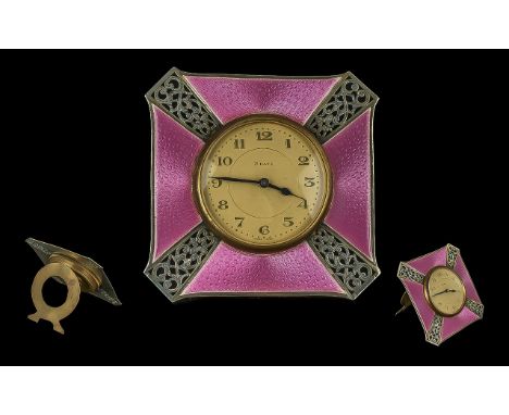 Art Deco Period 1930s Superb Ladies Boudoir Sterling Silver and Pink Enamel Set 8 Day Table Clock with back splat and origina