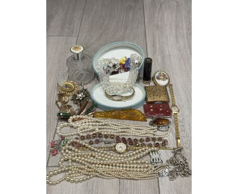Good Mixed Bag of Collectables. Includes Costume Jewellery, Watches, Compact, 9ct Gold Earrings, Brooches, Perfume Bottle etc
