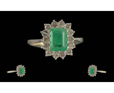 Ladies Pleasing Quality 18ct White Gold Emerald and Diamond Set Cluster Ring, full hallmark to interior of shank, the step cu
