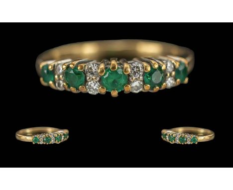 Ladies Attractive 9ct Gold Emerald and Diamond Set Ring. Full Hallmark to Interior of Shank. Emeralds and DIamonds of Good Co