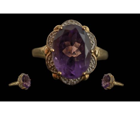 Ladies Attractive 9ct Gold Amethyst and Diamond Set Ring. Full Hallmark to Interior of Shank. The Large Faceted Amethyst of E