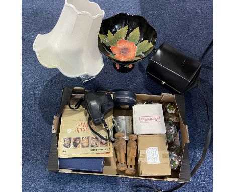 A Box of Assorted Collectables to include Moorcroft style bowl, Olympus camera, enamel style eggs, silver plated, pewter, ryo