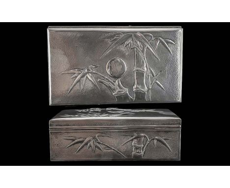 Chinese Export Planished Silver Lidded Box. c.1900. With Embossed Bamboo Image Decoration To All Sides of Box. Chinese Charac