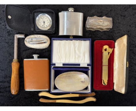 Box of Miscellaneous, to include hip flasks, Ronson table lighter, travel clock, spanner, trinket box, gent's hairbrush, ciga