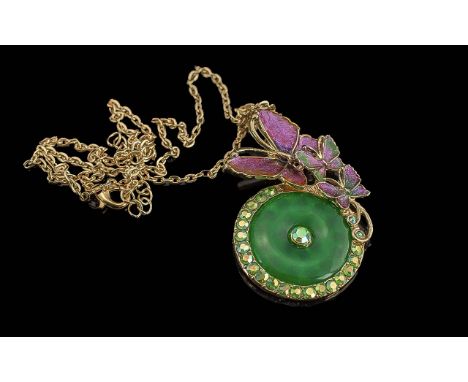 Green Quartzite and Enamel Pendant on chain, a large circular green quartzite pendant, enhanced with green AB crystals, set b