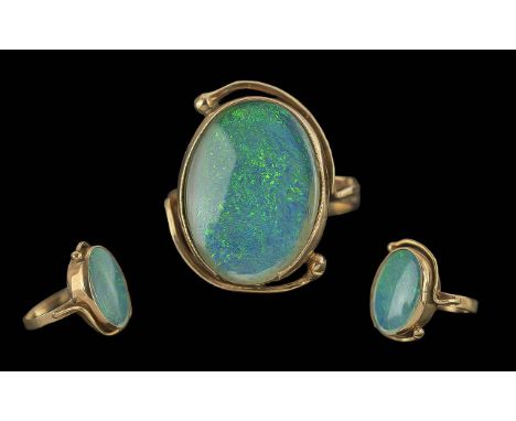 Ladies Antique Period 9ct Gold Single Stone Opal Set Ring, Marked 9ct to Interior of Shank. The Large Foil Backed Opal of Goo