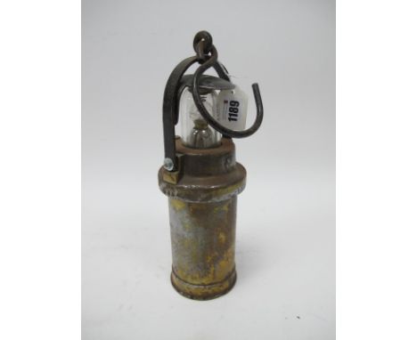 Miners Lamp, Ceag, Barnsley, Yorkshire, with arched carry handle and arrow to screw top, 28cm high with hook down.