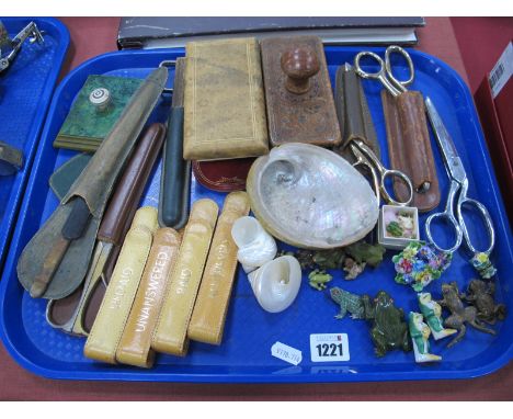 Scissors in Leather Sheaths, office clips, shells, blotters, frog brooches, etc:- One Tray.