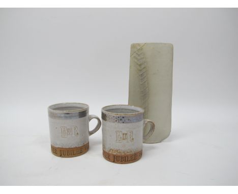 •Robin Welch (1936-2019) *ARR, Two Elizabeth II Silver Jubilee 1977 Stoneware Mugs, impressed marks, 9cm high and a Val Barry