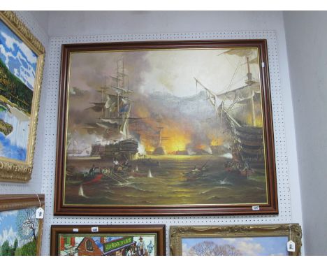 Contemporary, Masted Ships on Fire by a Shoreline, oil on panel, signed indistinctly lower right, 78 x 97cm.