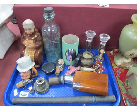 Wray of London Lens, floating dairy thermometer, German decanter as a monk, bottle stoppers, etc:- One Tray