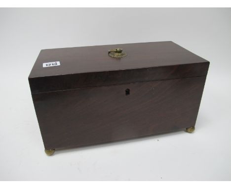 A Mid XIX Century Mahogany Tea Caddy, (lacking contents), of rectangular form, the lid with brass ring handle and raised on b