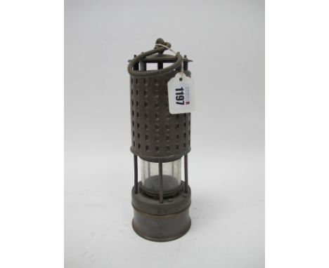 Miners Lamp, 'Permissible', with pierced upper body, 26cm high with handle down.