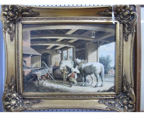 •Glynn Williams (Contemporary) *ARR, A Farrier with Two Horses in a Stable, oil on panel, signed lower left, 29 x 39cm.