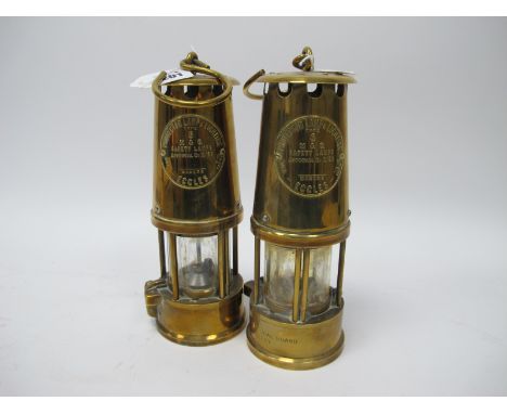 Miners Lamps Projector of Eccles Type 6, M  Q both brass bodied, one stamped National Coal Board, Selby, 24.5cm high with han