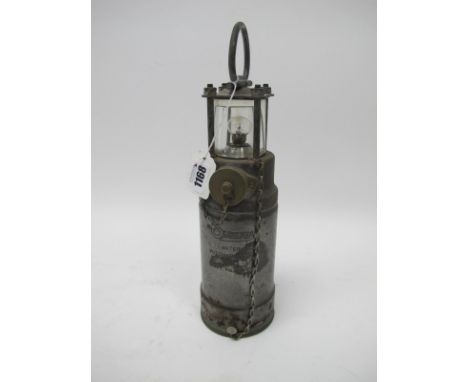 Miners Lamp, Oldham Lantern Automatic Type, 220 volt DC, a fixed loop handle 33cm high.