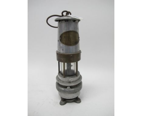 Miners Lamp, Naylor of Wigan Spiralarm 'Type 'M', with aluminium upper body and brass central band numbered 1125, 31cm high w