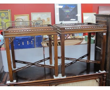 A Pair of Mahogany Lamp Tables, with pierced gallery tops, square supports with corner brackets united by 'X' stretchers, 61c
