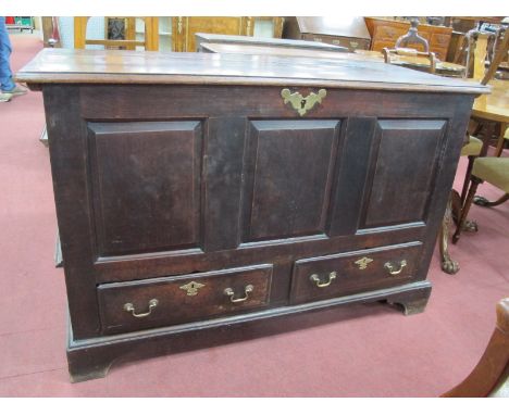 An XVIII Century Oak Mule Chest, with hinged top, triple panelled base over two small drawers on bracket feet, 85cm high, 131