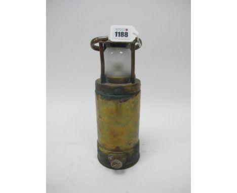Miners Lamp, McGeoch, 0583 900-4090 to brass body 26cm high with handle down.