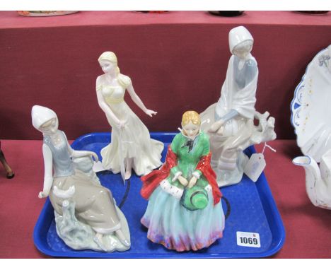 A Lladro Figure of a Lady Sat on a Tree Trunk, 34cm high, another by Dove, Paragon 'Lady Camille', Doulton 'Harmony'. (4)