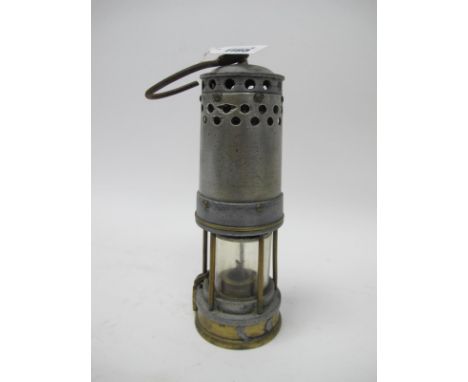Miners Lamp, GKN to aluminium body, 56 &amp; 2 to brass lower section, 26cm high with handle down.