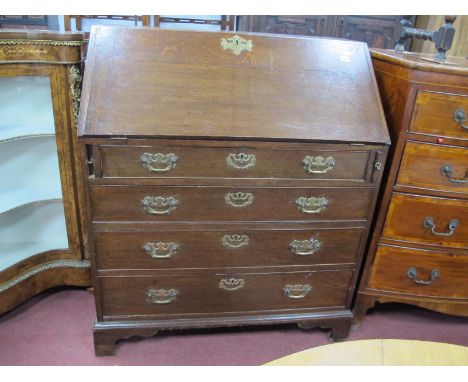 An XVIII Century Oak Bureau, with hinged fall to fitted interior over four long drawers on bracket feet, 118cm high.