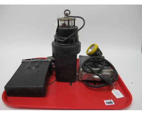 Miners Lamp, I.G.D of Leeds, registered design 792723, black plastic body, 6660 to brass top, 27cm high with handle down toge