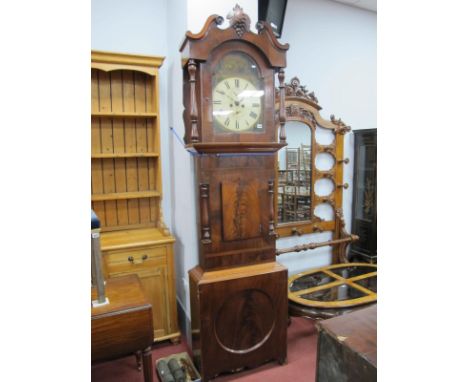 A XIX Century Mahogany Eight Day Longcase Clock, the white arched dial inscribed "J.S. - Hwirar? Sheffield" and painted with 