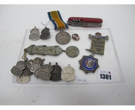 Ten Silver A.R.P Badges, silver buffalo medal, WWI silver medal to 8734 Pte J.E Woolfenden R. Fus. Egyptian inspired tassel, 