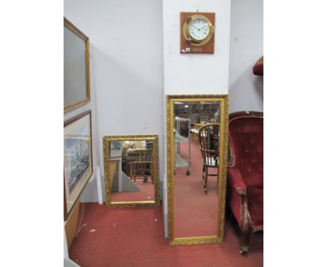 Two Gilt Framed Rectangular Wall Mirrors, the longest 127cm, Royal Mariner ships style clock. (3)