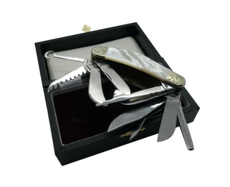 Stan Shaw: A Sowbelly Knife, with mother of pearl scales, etched bolsters by Peter Devine, workback to all springs and blades