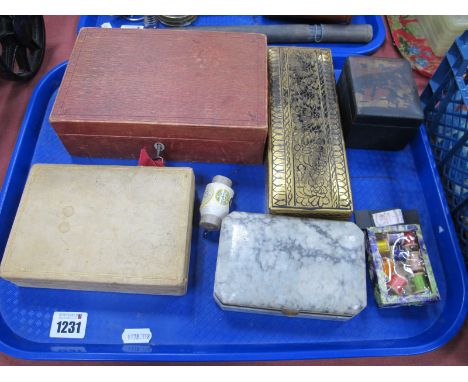 An Early XX Century Morocco Covered Needlework Box, with key, Russian trinket box, etc.