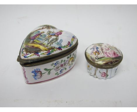 An Early XX Century French Enamel Trinket Box, of heart shape, decorated with figures and flowers, 7.5cm long; A Circular Ena