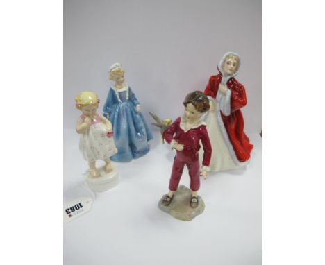 Three Royal Worcester Porcelain Figurines 'Grandmothers Dress', 'Parakeet' and 'Only Me', and a Royal Doulton Figure 'Rachel'