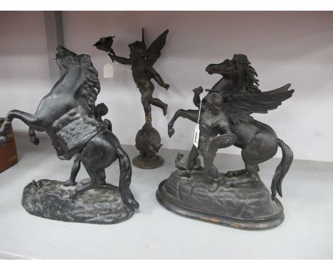 Marley Horse Spelter Figure Groups, and lamp as a winged cherub, 46cm high, all with faults. (3)