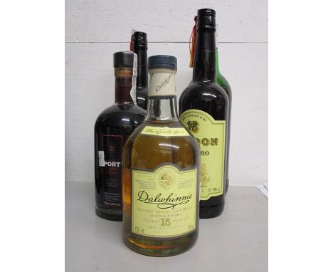 A bottle of Dalwhinnie scotch whisky, mixed sherry and port, along with a box of mixed glasses (5)