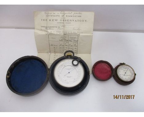 A late 19th century Watson Bros, lacquered brass cased surveying, aneroid, compensated barometer 3 dia, in a brown leather cl