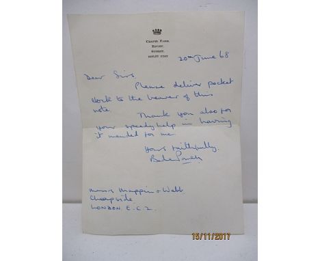 Baden Powell - a hand written letter from Baden Powell on headed paper to Mappin & Webb, on 20th June 1968, reading 'Dear Sir