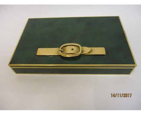 A vintage Hermes mottled green enamelled, brass cigarette box, the hinged lid having a belt and buckle handle enclosing a com